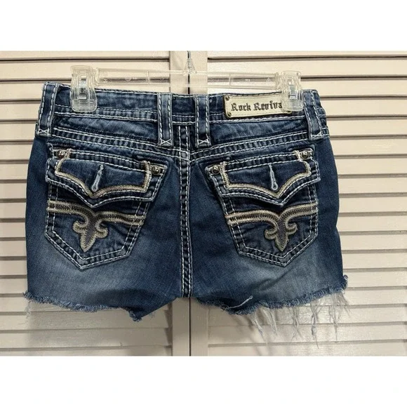 Rock Revival Cut Off Booty Denim Jean Short Size 28 Embroidered/Studs Low Rise - Picture 5 of 8